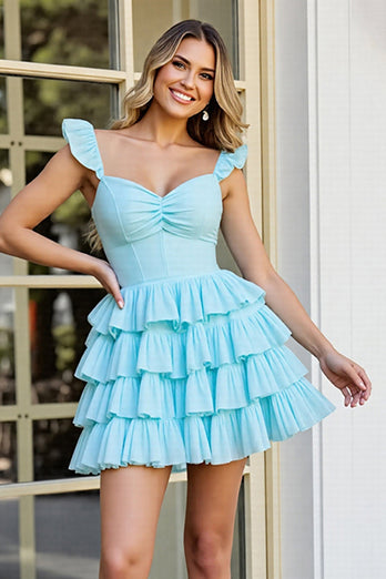 Light Blue A Line Tiered Short Prom Dress with Ruffles