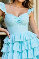 Load image into Gallery viewer, Light Blue A Line Tiered Short Prom Dress with Ruffles