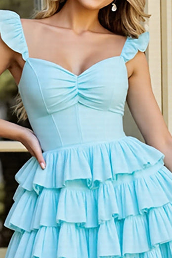 Light Blue A Line Tiered Short Prom Dress with Ruffles