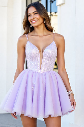 Sparkly Lilac Tulle A Line Short Corset Prom Dress