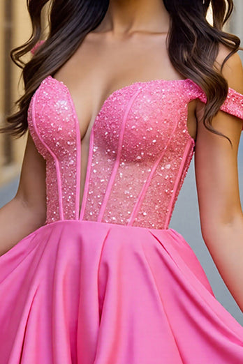 Sparkly Fuchsia A Line Short Corset Prom Dress