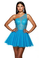 Load image into Gallery viewer, Sparkly Sky Blue A Line Corset One Shoulder Short Tulle Prom Dress