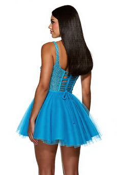 Sparkly Sky Blue A Line Corset One Shoulder Short Tulle Prom Dress