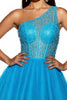 Load image into Gallery viewer, Sparkly Sky Blue A Line Corset One Shoulder Short Tulle Prom Dress