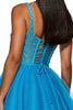 Load image into Gallery viewer, Sparkly Sky Blue A Line Corset One Shoulder Short Tulle Prom Dress