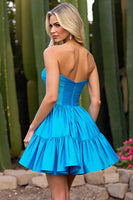 Load image into Gallery viewer, Sky Blue A Line Strapless Short Satin Prom Dress