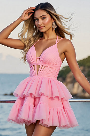 Pink A Line Tulle Spaghetti Straps Short Prom Dress