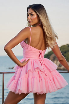 Pink A Line Tulle Spaghetti Straps Short Prom Dress