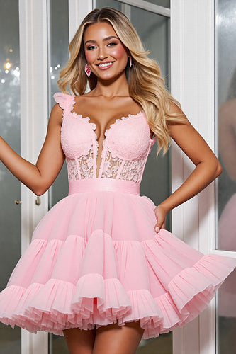 Light Pink A Line Tulle Corset Short Prom Dress with Appliques