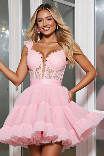 Light Pink A Line Tulle Corset Short Prom Dress with Appliques