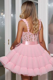 Light Pink A Line Tulle Corset Short Prom Dress with Appliques