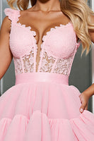 Load image into Gallery viewer, Light Pink A Line Tulle Corset Short Prom Dress with Appliques