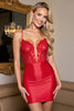 Load image into Gallery viewer, Corset Red Satin Bodycon Short Prom Dress with Appliques