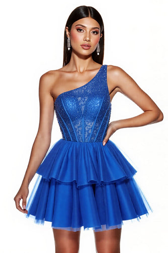 Royal Blue A Line Corset One Shoulder Short Tulle Prom Dress