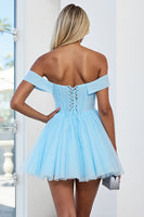 Load image into Gallery viewer, Light Blue Tulle A Line Off the Shoulder Short Prom Dress