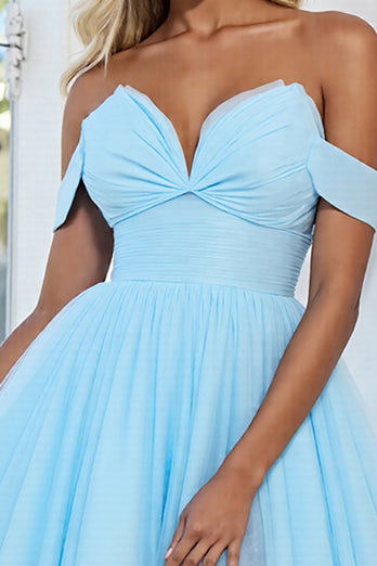Light Blue Tulle A Line Off the Shoulder Short Prom Dress