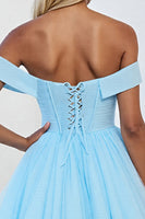 Load image into Gallery viewer, Light Blue Tulle A Line Off the Shoulder Short Prom Dress