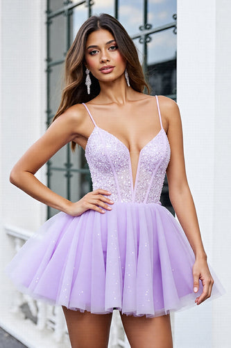 Sparkly Lilac A Line Tulle Short Corset Prom Dress