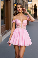 Load image into Gallery viewer, Sparkly Pink A Line Tulle Off the Shoulder Short Corset Prom Dress