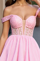 Load image into Gallery viewer, Sparkly Pink A Line Tulle Off the Shoulder Short Corset Prom Dress