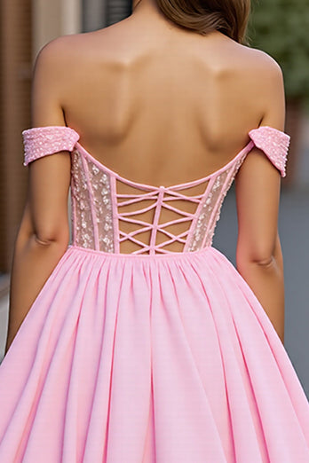 Sparkly Pink A Line Tulle Off the Shoulder Short Corset Prom Dress