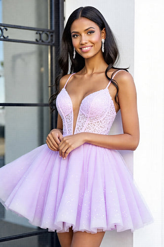 Lilac A Line Tulle Corset Short Prom Dress with Lace