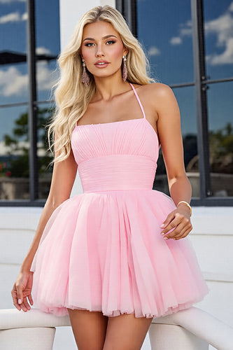 Pink A Line Ruched Spaghetti Straps Short Tulle Prom Dress