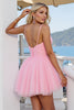 Load image into Gallery viewer, Pink A Line Ruched Spaghetti Straps Short Tulle Prom Dress