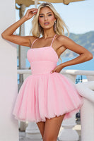 Load image into Gallery viewer, Pink A Line Ruched Spaghetti Straps Short Tulle Prom Dress