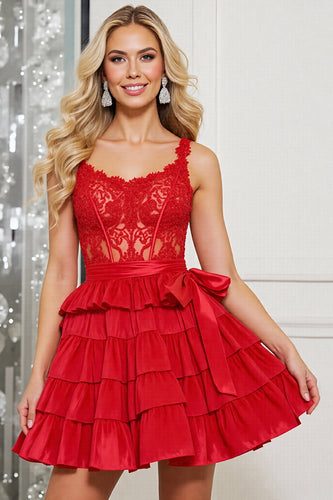 Red Corset A Line Short Prom Dress with Lace
