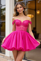 Load image into Gallery viewer, Fuchsia Tulle Corset Off the Shoulder Short Prom Dress