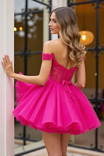 Fuchsia Tulle Corset Off the Shoulder Short Prom Dress