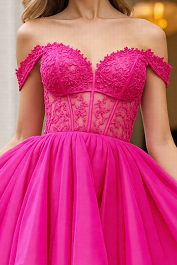 Fuchsia Tulle Corset Off the Shoulder Short Prom Dress