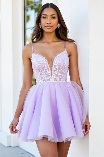 Sparkly Lilac Corset A Line Short Tulle Prom Dress