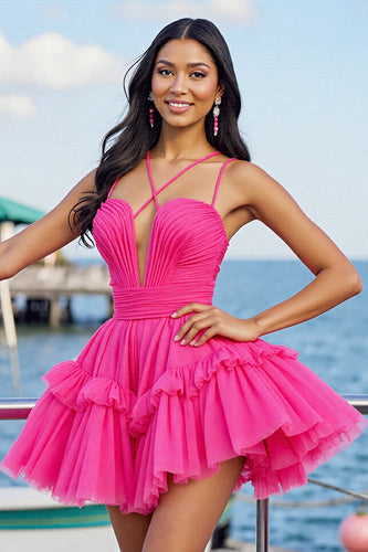 Fuchsia Tulle A Line Short Prom Dress with Ruffles