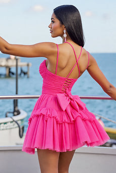 Fuchsia Tulle A Line Short Prom Dress with Ruffles