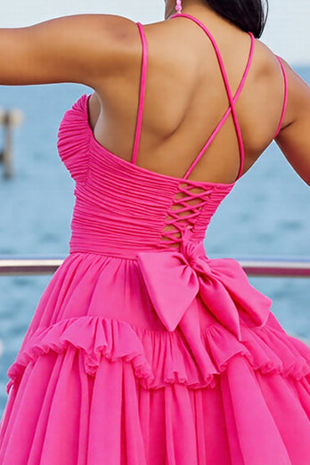 Fuchsia Tulle A Line Short Prom Dress with Ruffles