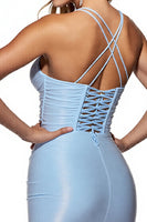 Load image into Gallery viewer, Light Blue Bodycon Satin Halter Short Prom Dress with Fringes