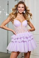 Load image into Gallery viewer, Corset Lilac Tulle A Line Short Prom Dress with Appliques