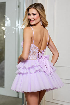 Corset Lilac Tulle A Line Short Prom Dress with Appliques