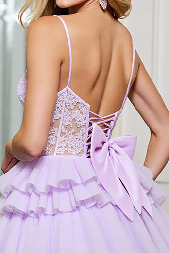 Corset Lilac Tulle A Line Short Prom Dress with Appliques