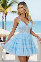Load image into Gallery viewer, Light Blue Tulle A Line Short Corset Prom Dress with Beading