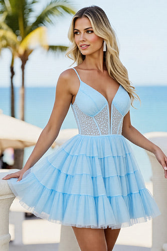 Light Blue Tulle A Line Short Corset Prom Dress with Beading