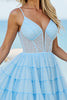 Load image into Gallery viewer, Light Blue Tulle A Line Short Corset Prom Dress with Beading