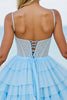 Load image into Gallery viewer, Light Blue Tulle A Line Short Corset Prom Dress with Beading