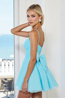 Load image into Gallery viewer, Blue Tulle A Line Short Prom Dress with Bow
