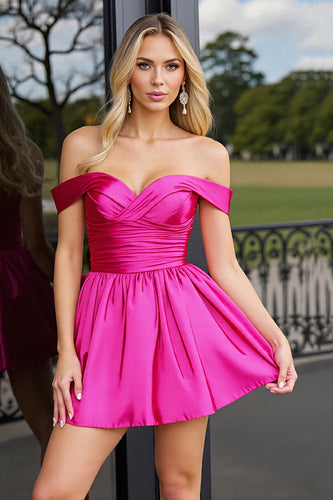 Fuchsia A Line Satin Off the Shoulder Short Prom Dress