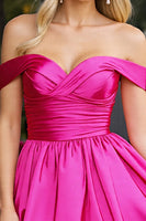 Load image into Gallery viewer, Fuchsia A Line Satin Off the Shoulder Short Prom Dress