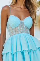 Load image into Gallery viewer, Blue Tulle A Line Corset Tiered Short Prom Dress