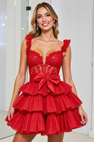 Load image into Gallery viewer, Red Corset Chiffon A Line Short Prom Dress with Appliques